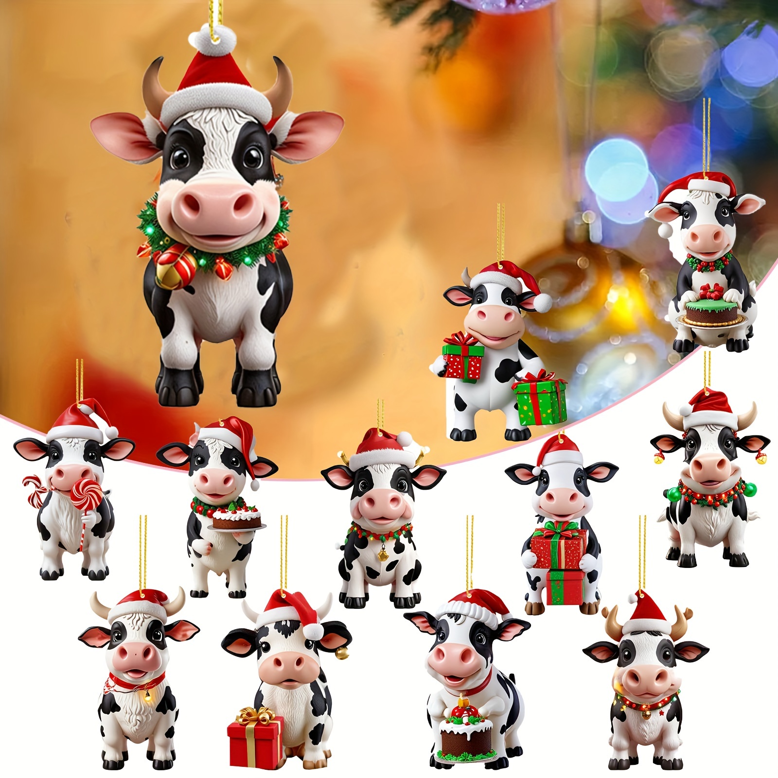 

12pcs Acrylic Cow Ornaments Set, Vintage Style Christmas Tree Toppers, 2d Holiday Decor, Candy Cane & Stick Themed, Battery-free, For Home & Kitchen Use