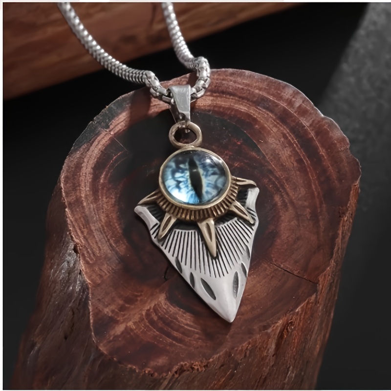 Women's Blue Eye Shield Pendant Necklace, Vintage Style