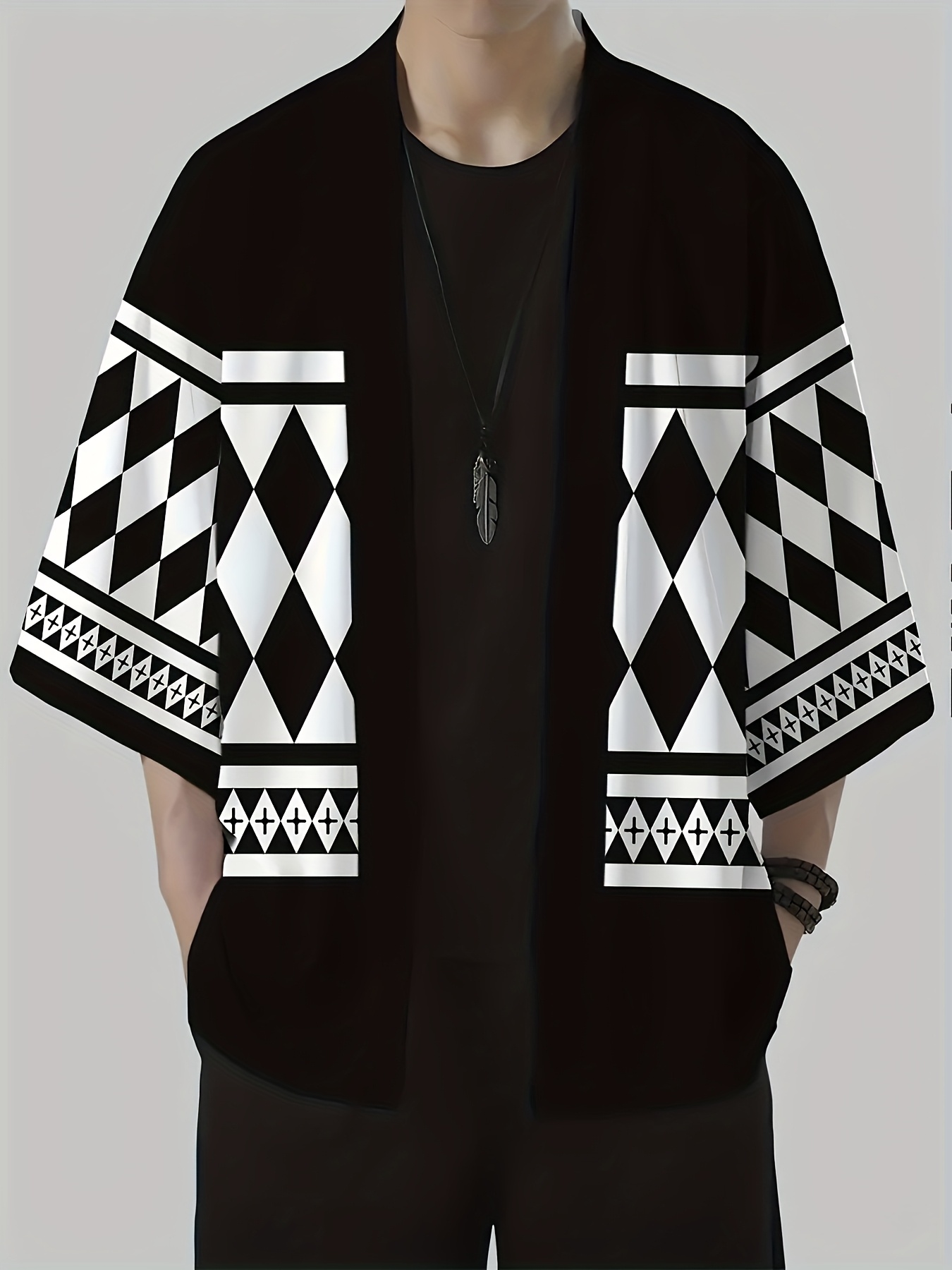 Japanese Kimono Cardigan Lightweight Polyester Geometric Rhombus Pattern  Black White, 3/4 Sleeve Open Front Loose *-Season Casual