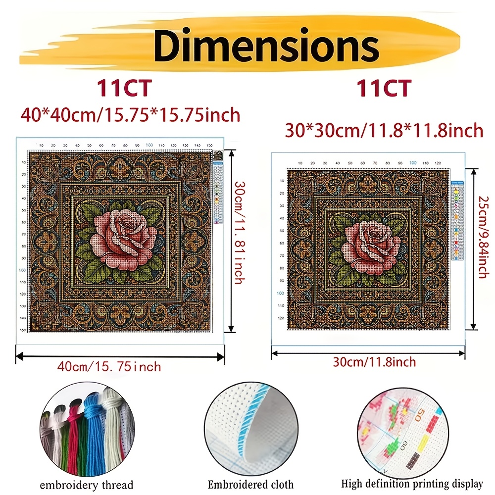 11CT Frameless Cross Stitch Kit, Rose with Patterned Border