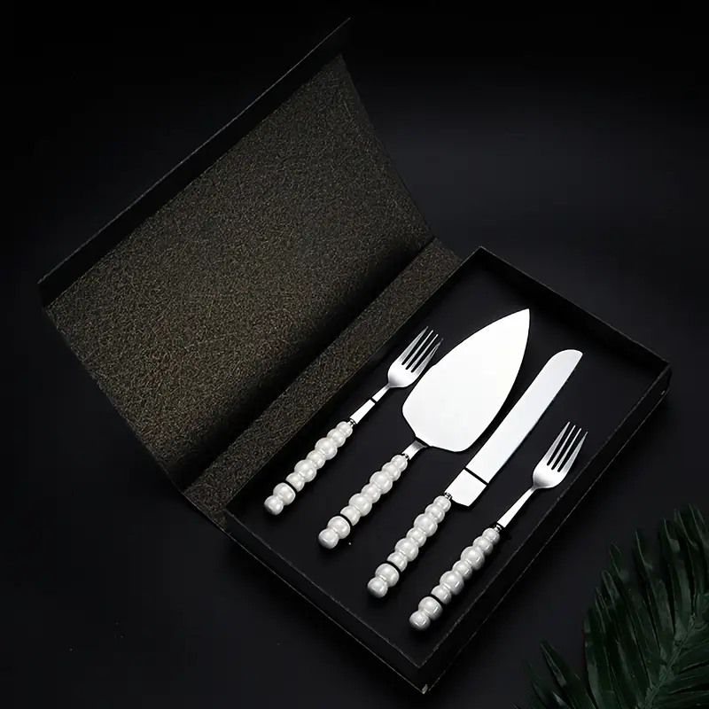 personalized and elegant stainless steel cutlery set with pearl ceramic handle 2 4 cake knife spatula fork set with gift box suitable for kitchen hotel parties birthdays weddings gifting golden and silvery Product details 5