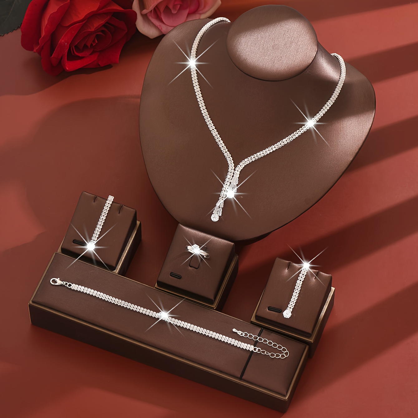 Image of Four-piece Set: Fashionable, Elegant, And Necklace, Earrings, Bracelet, And Ring Set, Perfect For Bridal Weddings, Balls, And Party Accessories