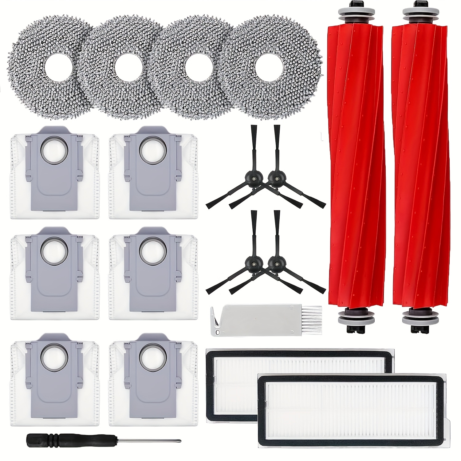 Image of 20 Accessory Replacement Parts For S/ Plus/ Pro/ Maxv [not Applicable To ] Robot Vacuum Cleaners, 2 Main Brushes, 4 Mop Pads, 6 Dust Bags, 2 Hepa Filters, 4 Side Brushes, 2 Tools