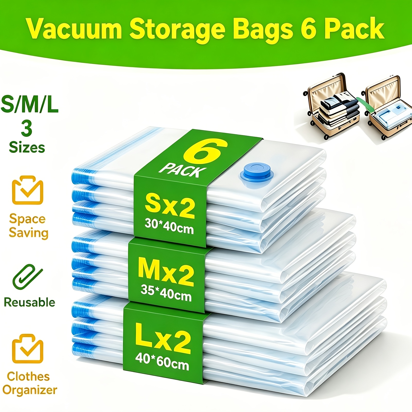TEMU 6pcs Set Of Thick Vacuum Compression Storage Bags, Including 3 Sizes, S-m-l, Small Bags For Underwear, Sweaters; Medium Bags For Thick Clothes,