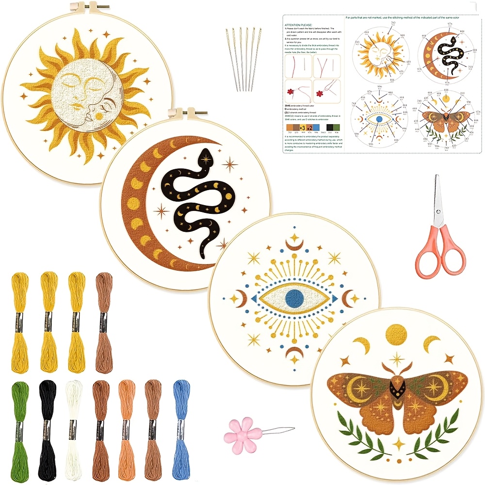 4pcs Astrology Themed Embroidery Kit - Sun And Moth Pattern Decorations - Includes Printed Embroidery Cloth, Embroidery Hoop, Threads, Embroidery Additions