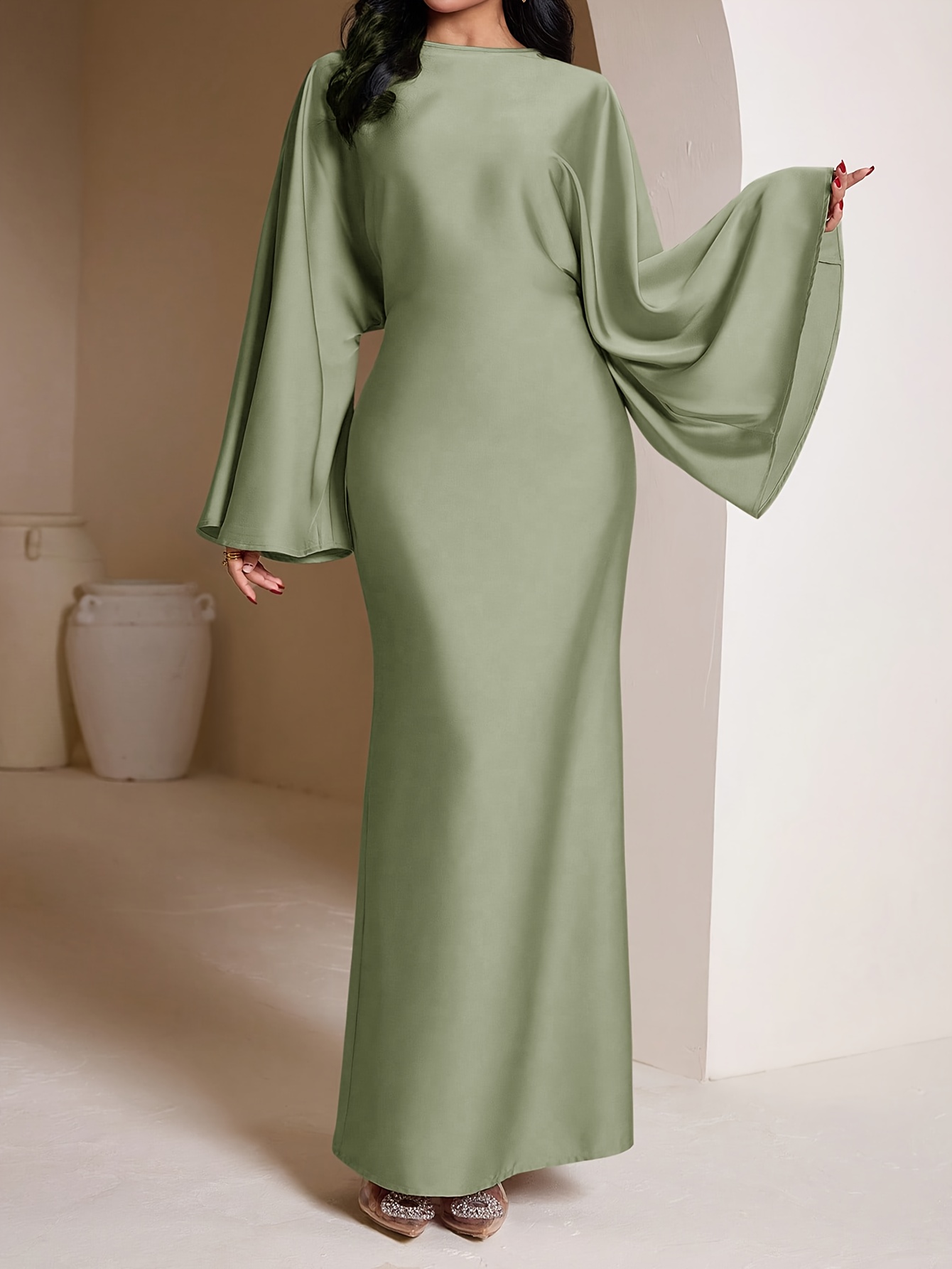 strapless open back dress Tiered Satin Dress In Olive Green main image 1