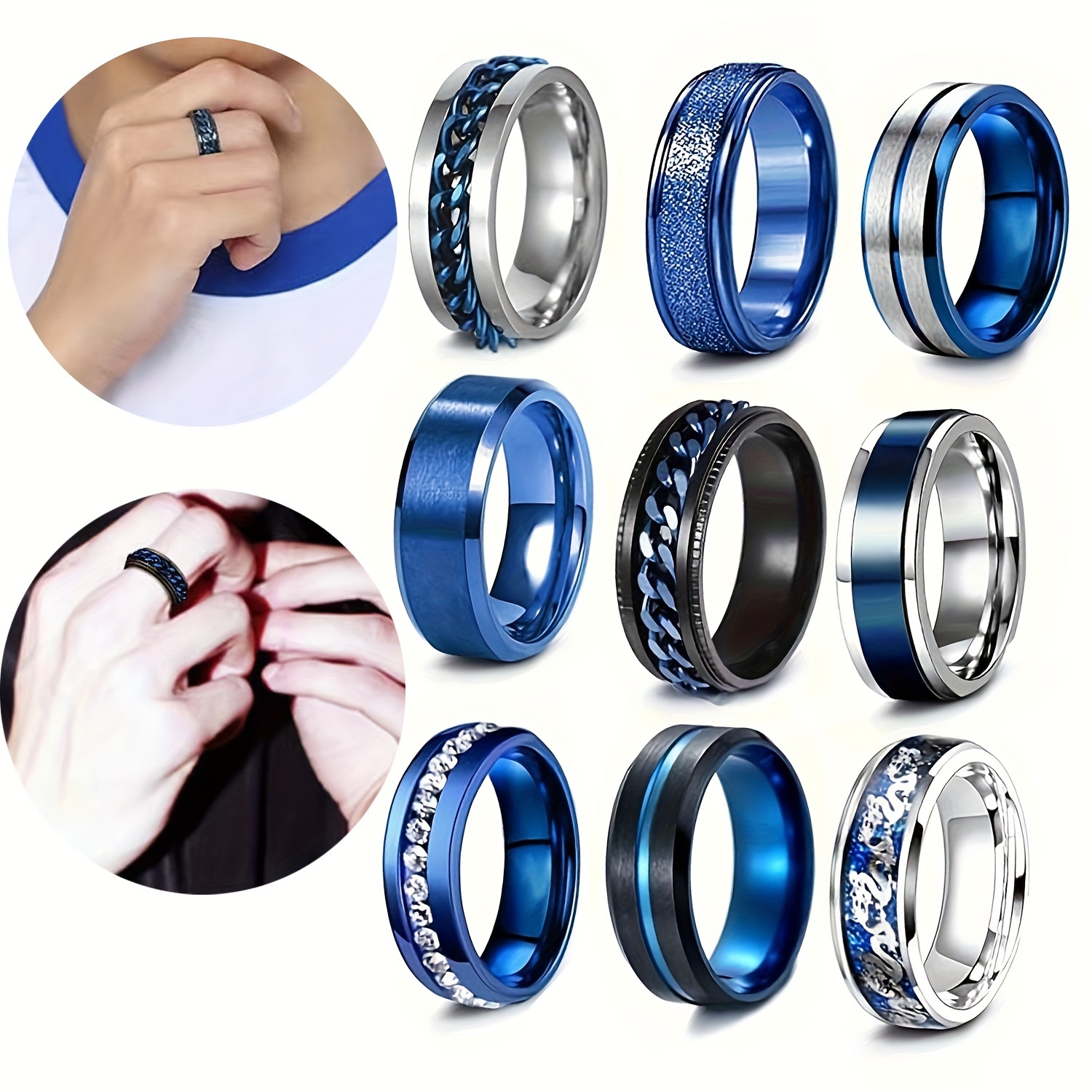 

9pcs Blue Stainless Steel 8mm Rotary Pressure Ring Set Men's Wedding Commitment Rings Men's Women's Couple Release Rings Available In A Variety Of Sizes Perfect Fit For Most People's Fingers