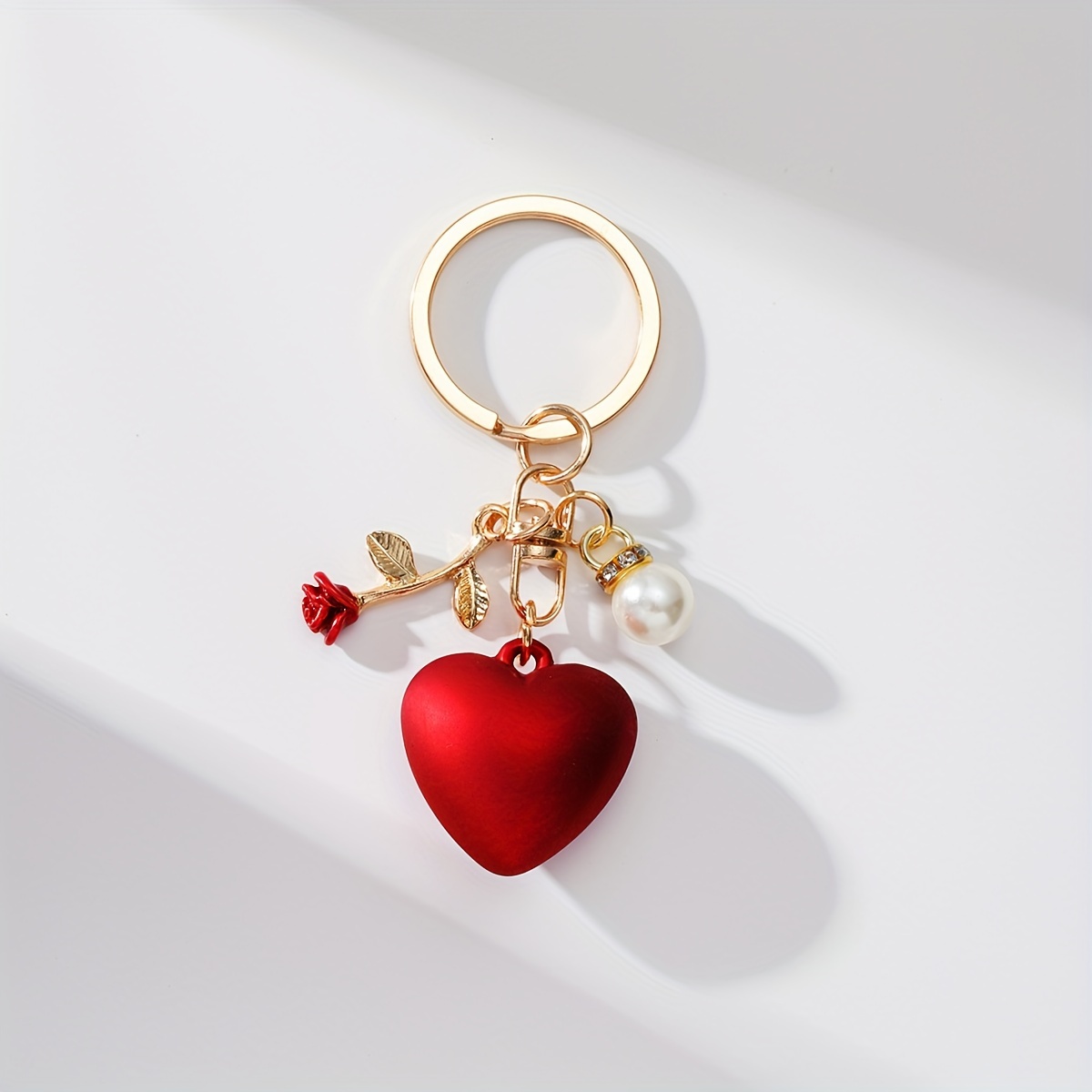 TEMU 1pc Red Heart & Rose Golden Keychain With Accents - Cute Alloy Backpack Accessory For Suitable For Men And Women.