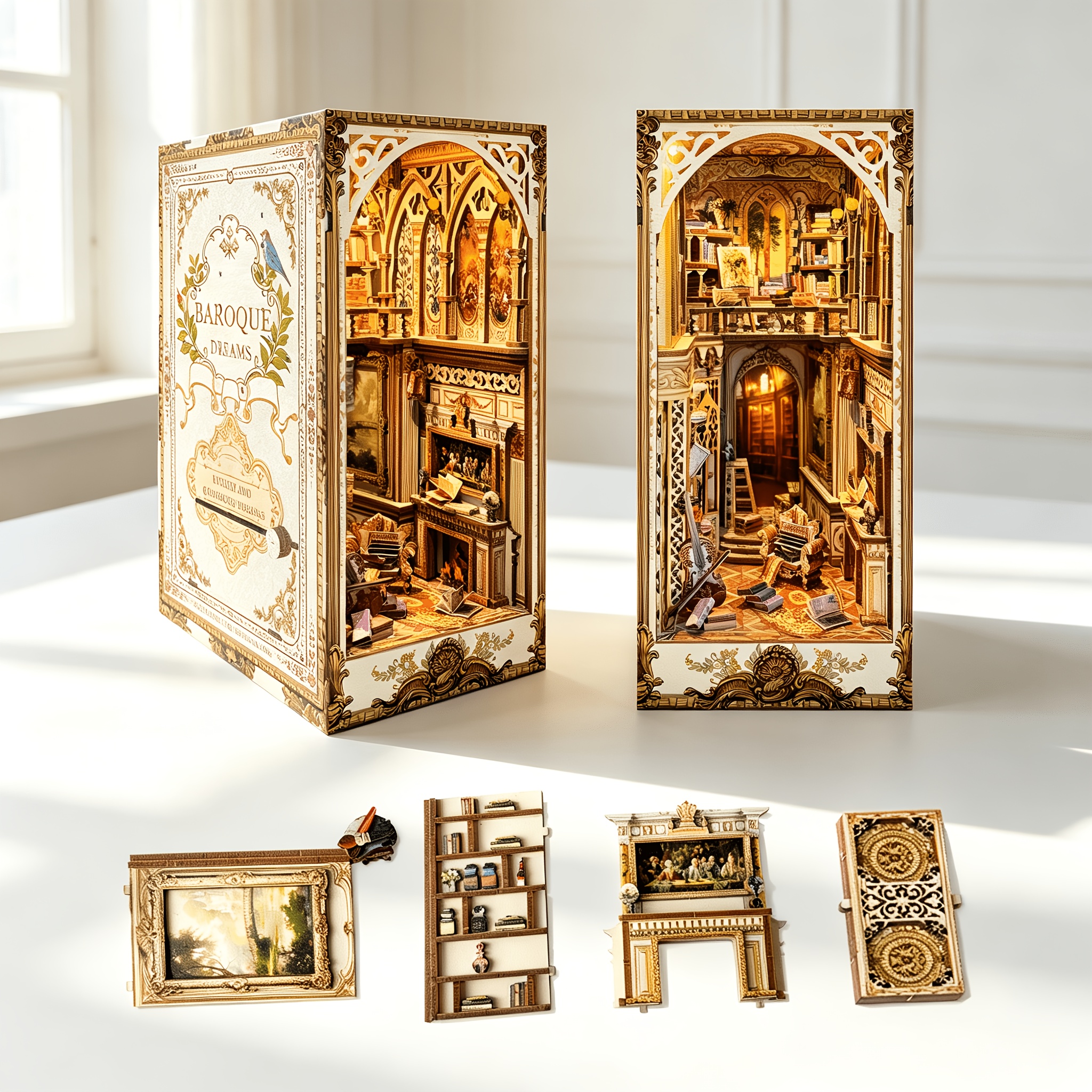 TEMU Baroque-style Duplex Garden Wooden 3d Puzzle Bookend And Book Nook, Side Movable Mechanism And Miniature Scene, Christmas And Thanksgiving Gift