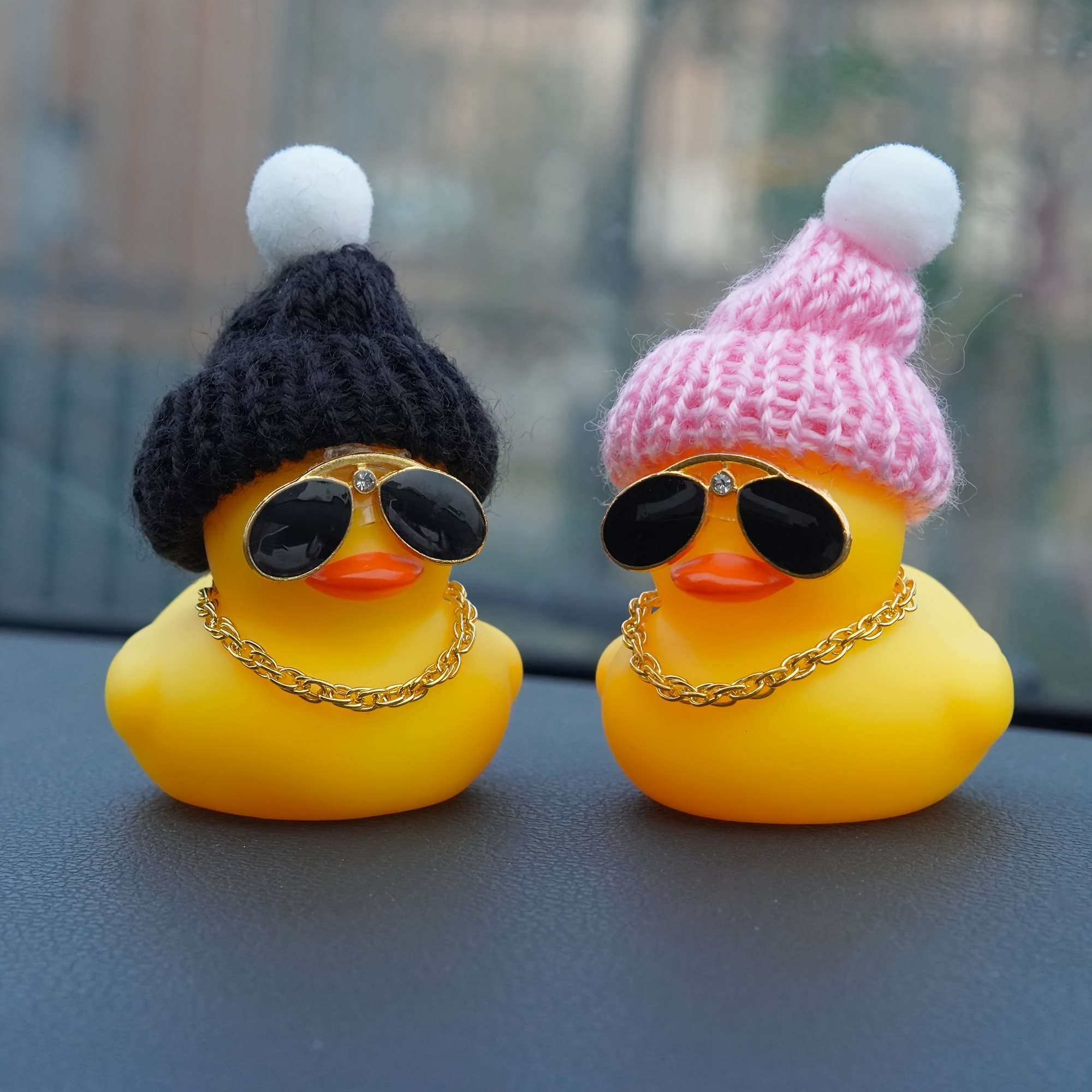 

2pcs Cool Duck With Knit & Denim Hats, Fashion Glasses & Necklace - Pvc Interior Accessories For Office Desk, Party & Holiday Decorations - Perfect Cute Christmas Gift