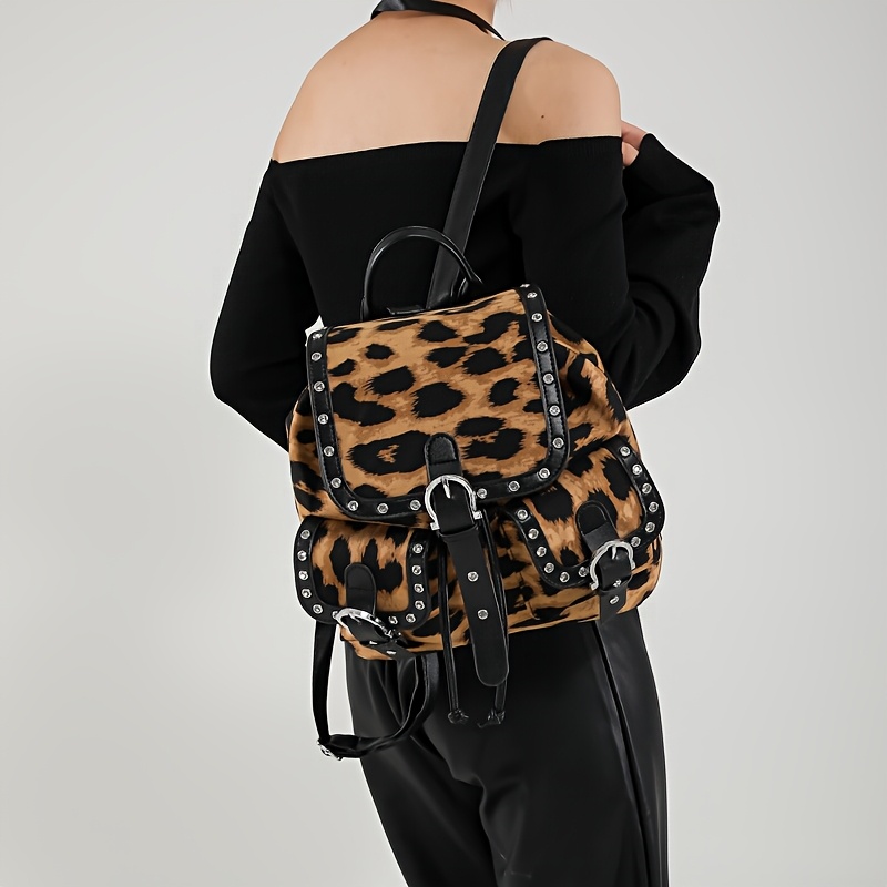 chic leopard print drawstring backpack rivet accents nylon  display picture 2