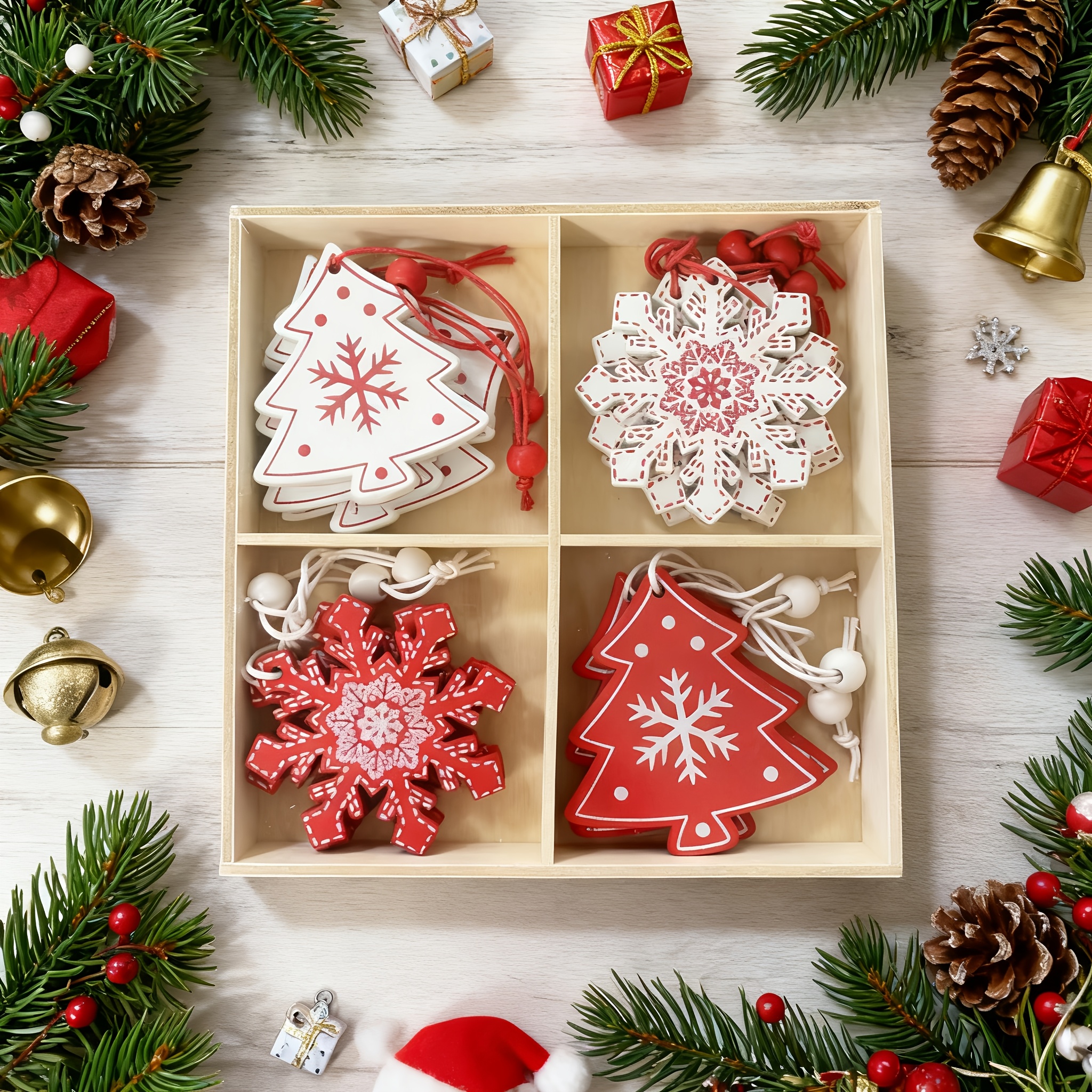 TEMU Christmas Ornaments, 4-grid Christmas Snowflake Reindeer Style Decorative Hangings With Colorful Printed Wooden Charms For Holiday Parties And