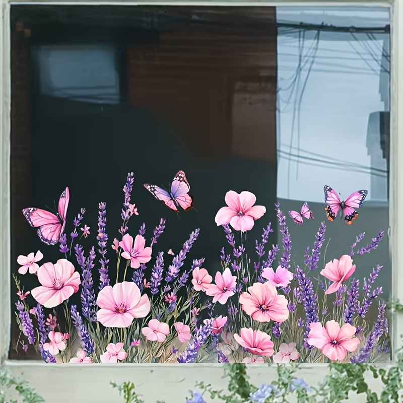 E-shop Moderne Wiederverwendbare Glas Dekorative Fensterfolie, Farbenfrohes Schmetterlings- und Blumendesign, Statikfolie ohne Kleber