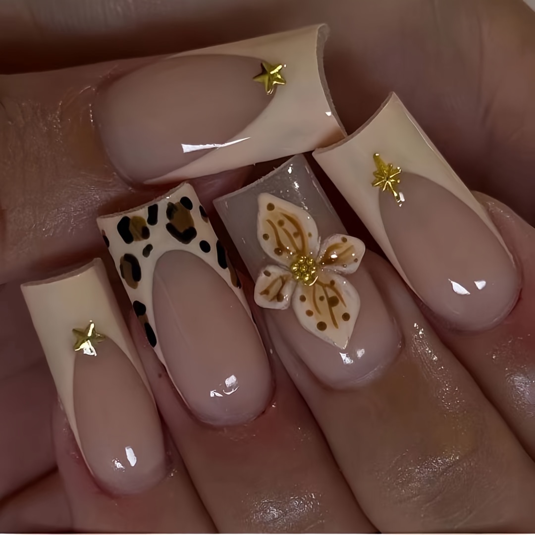 A Set Of 24 Medium Square False Nails, Elegant And Fashionable, Leopard Print, Sweet And Romantic Flowers, Light Luxury, Sparkling Starlight