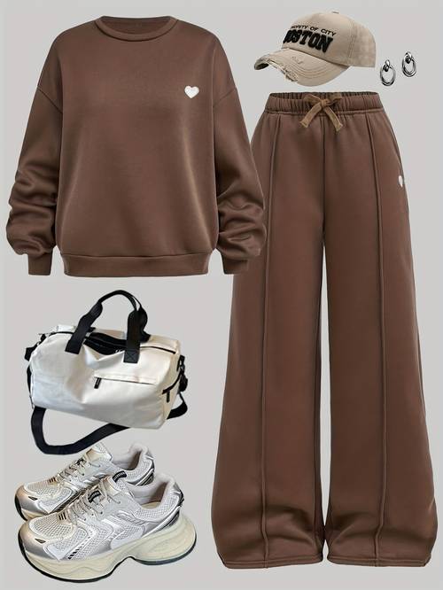 same style development teen girl clothes girls apparel teen casual back to chocolate brown crewneck pullover and wide leg pants set girls crewneck sweatshirt and sweatpants set bohemian street style pullover tracksuit