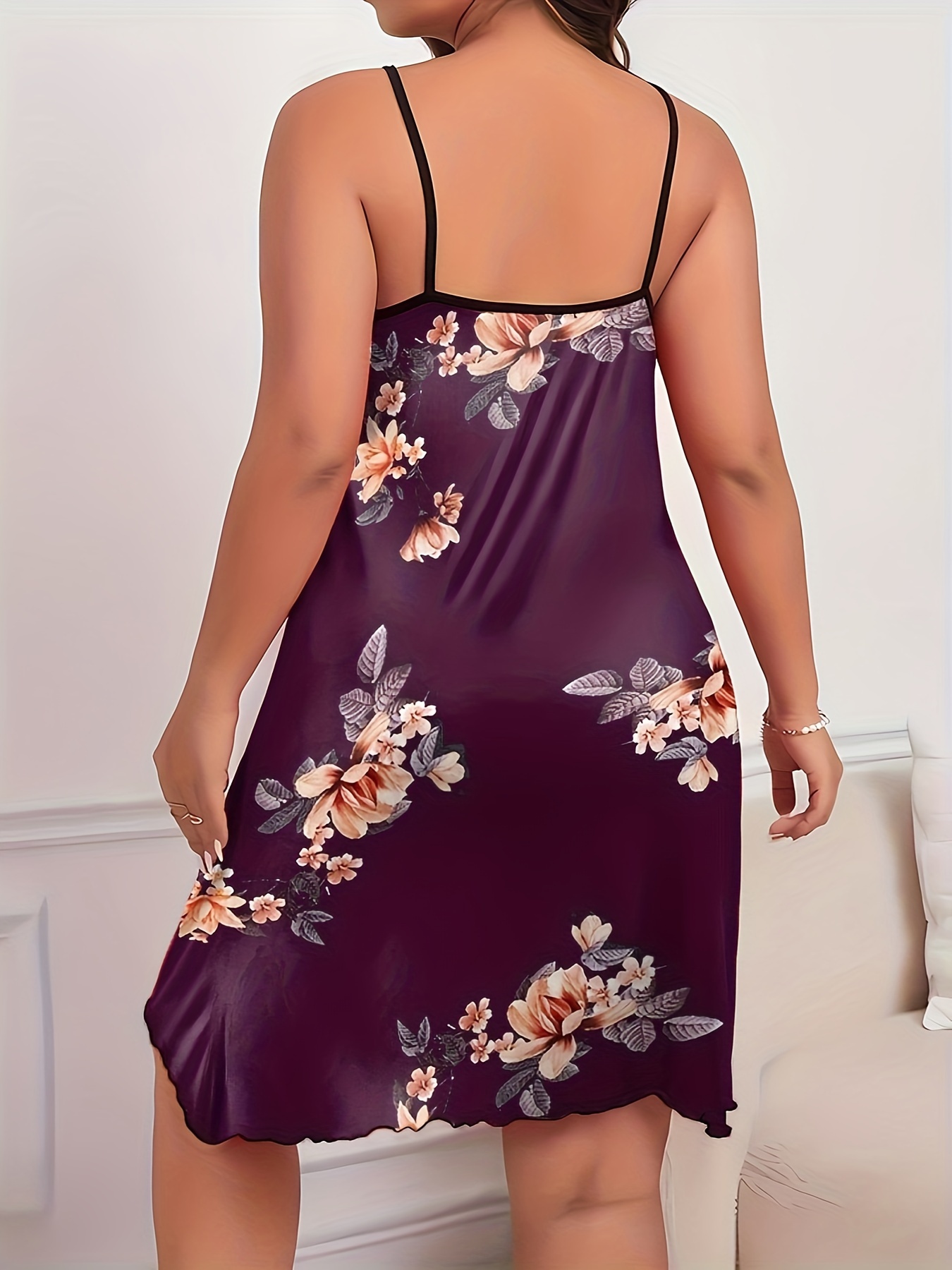 Women's Plus Sexy Loungewear Dress, Plus Size Floral Print Round Neck Frill Trim Cami Nightdress