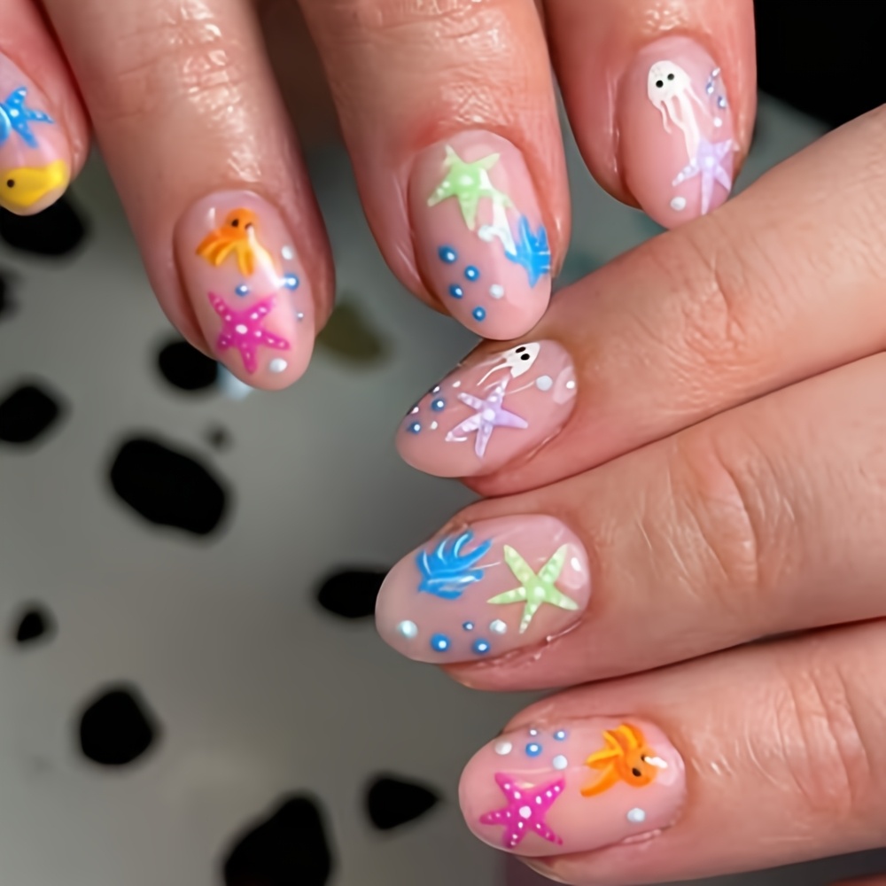 TEMU 24pcs Short Oval Press-on Fake Nails, Featuring A Sheer Pink- Base With Ocean-inspired Elements, Complemented By Colorful Starfish, Jellyfish,