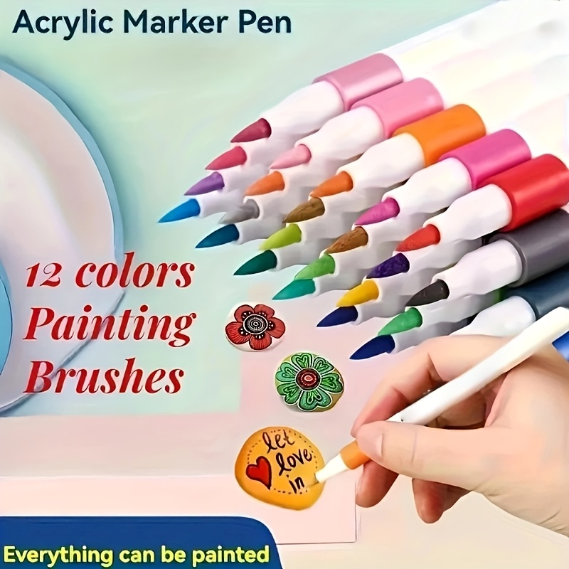Image of 12 Bright Colors Acrylic Paint Pens - Soft, Flexible Tips For Used On Ceramics, Glass, , Plastics, Shoes, Stones And Materials