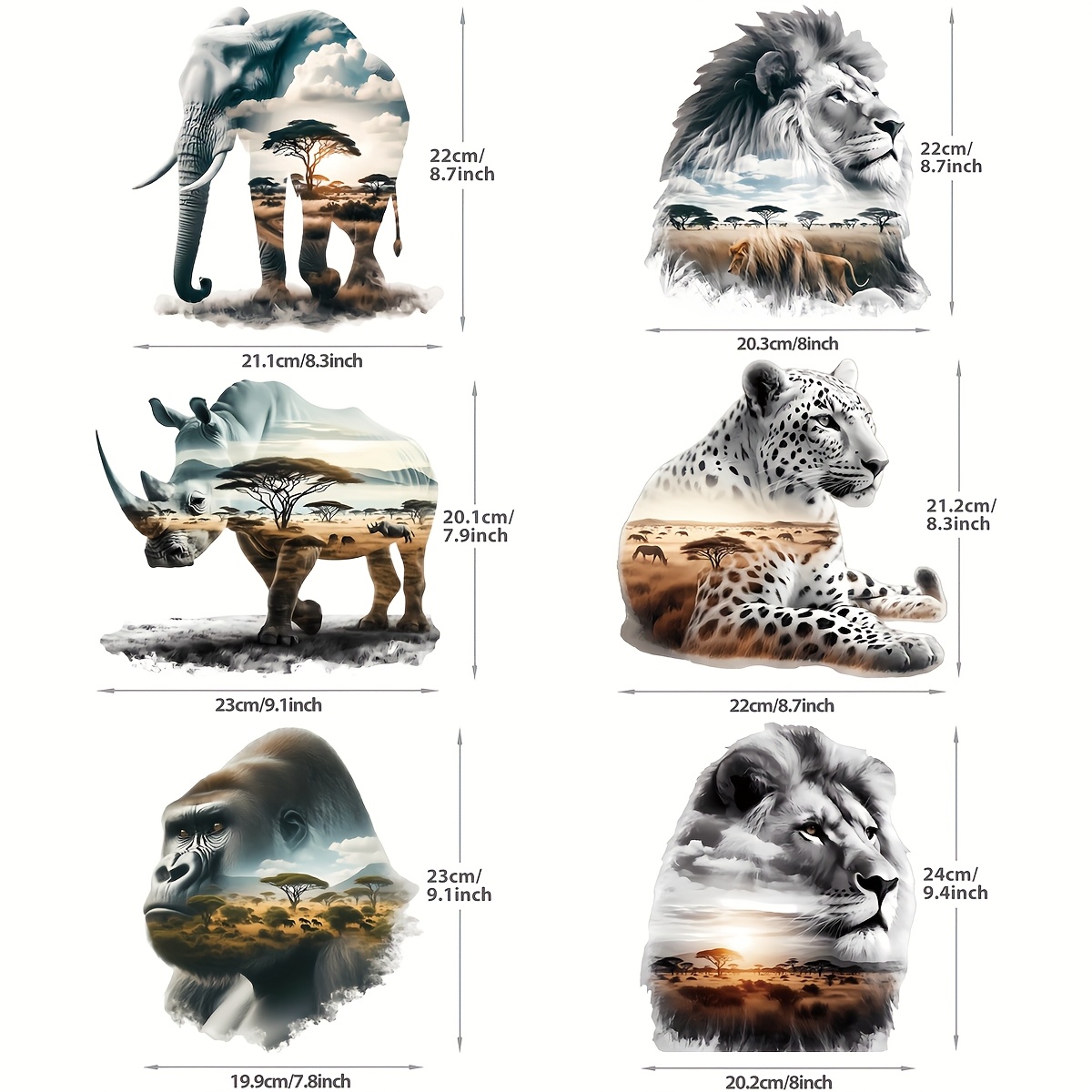 TEMU 6 Stück Tier Wärmeübertragung Vinyl - Elastische Löwe/Leopard/Elefant Silhouetten Waschbare Tier Aufkleber, für Kleidung