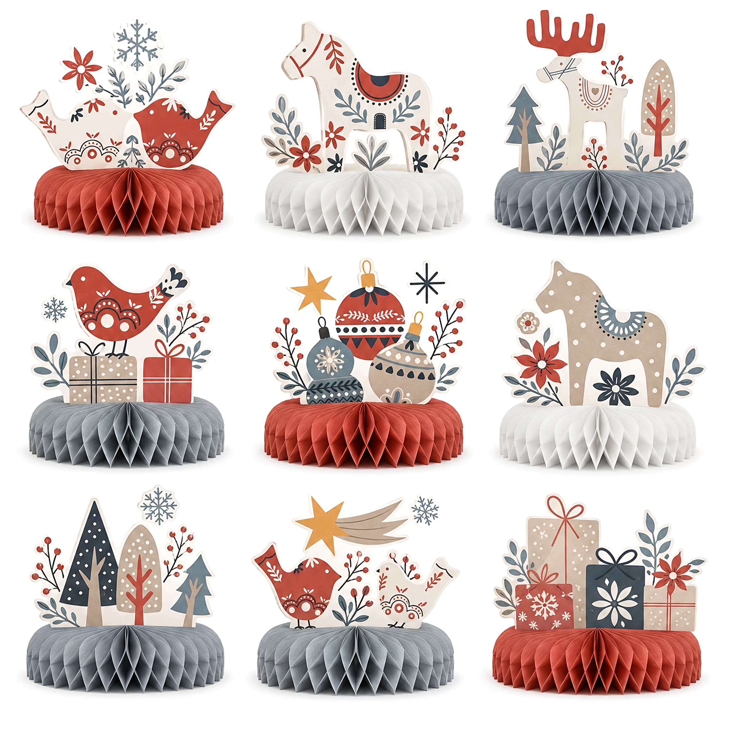 TEMU Lot de 9 ornements de table de Noël de style folklorique suédois, avec de , , oiseau rouge et boîte cadeau, décorations de table de fêtes en