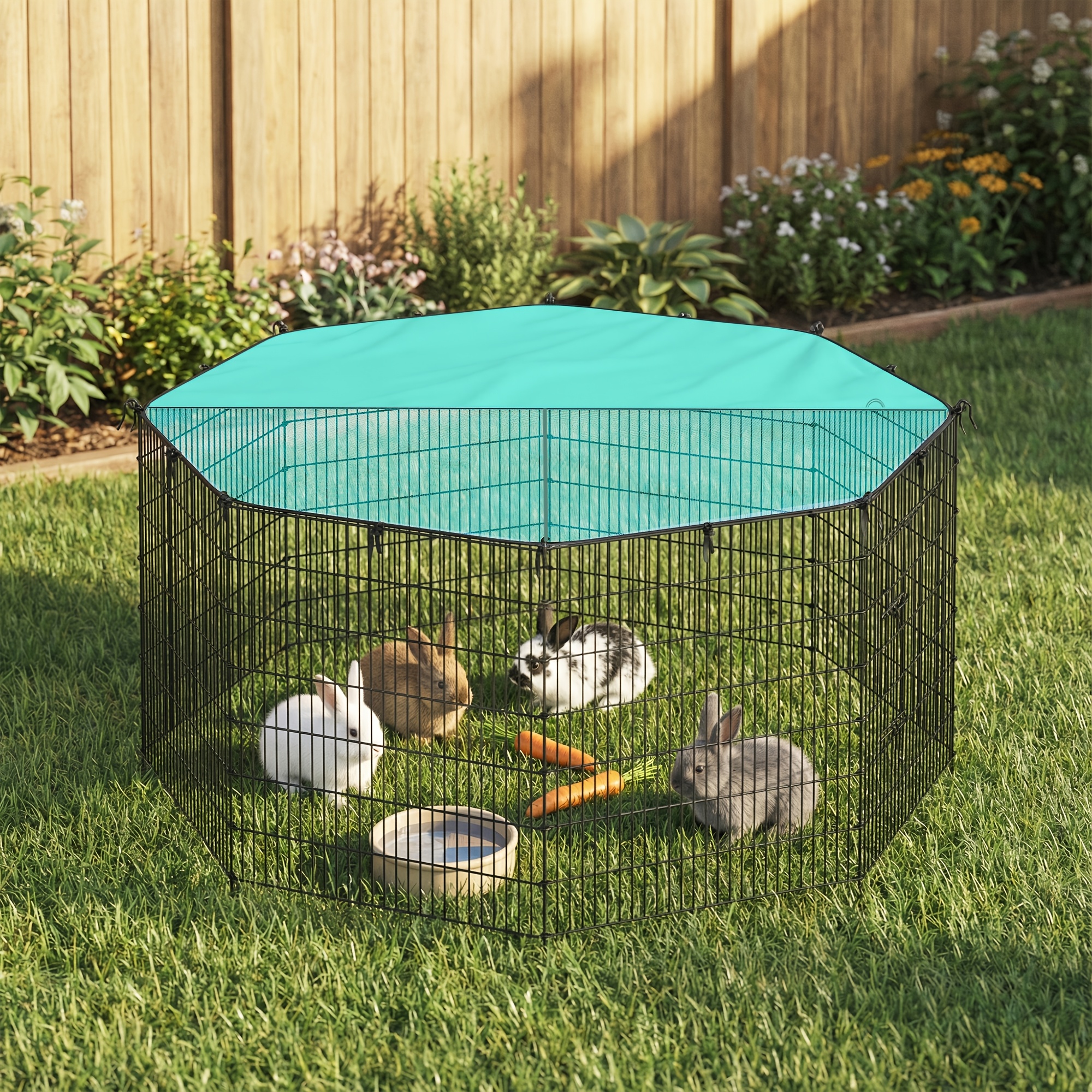 Image of Small Animal Enclosure, Run With Cover, Enclosure, Breathable, Sun Protection, For Rabbits, Guinea Pigs, 8 Grid Panels, 138 X 138 X 60/ 175 X 175 X 80cm, Ink Black