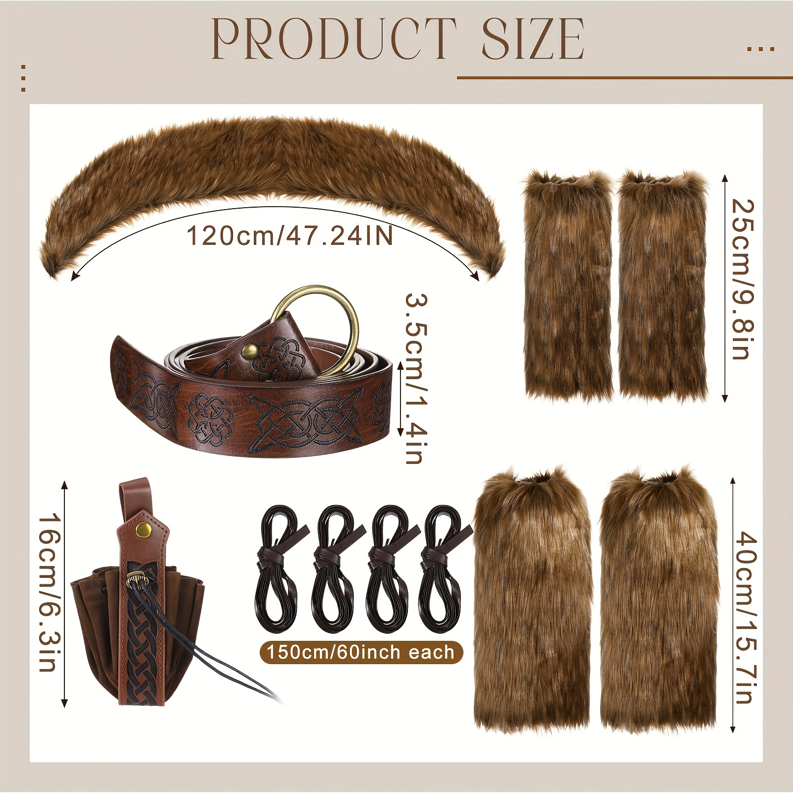 Image of 11pcs Viking-style Costume Set Featuring A Viking Embossed Belt, Waist Bag, Plush Leg And Arm Covers, And Ties, Perfect For Halloween And Medieval-themed Parties In Autumn And Winter