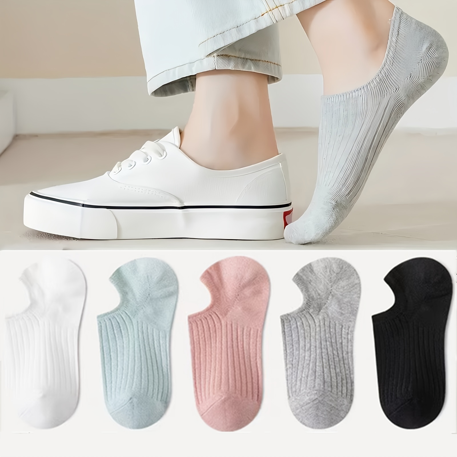 

5pcs Elegant Women's No-show Socks - Soft & Comfortable Polyester , Ribbed Texture, For All , In White, Light Gray, Pink, Dark Gray, Black, Cute Socks