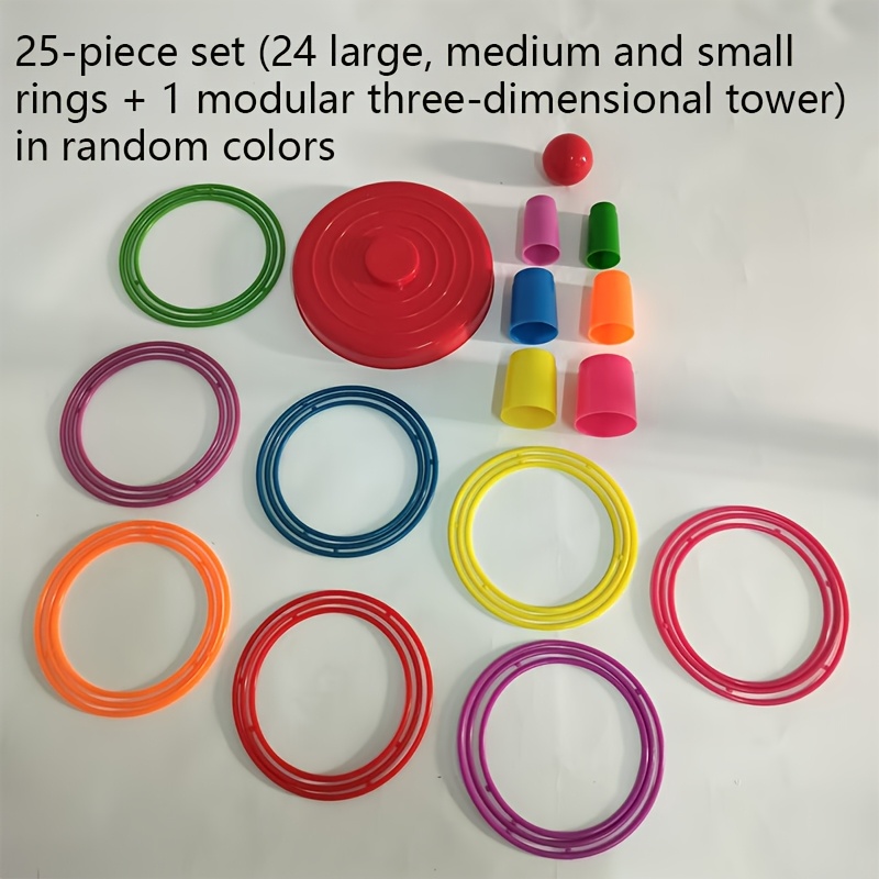 TEMU 25pcs Colorful Plastic Set, Includes 24 Large, Medium, And Small Rings + 1 Assembleable 3d Tower. Suitable For Indoor/outdoor Party Educational