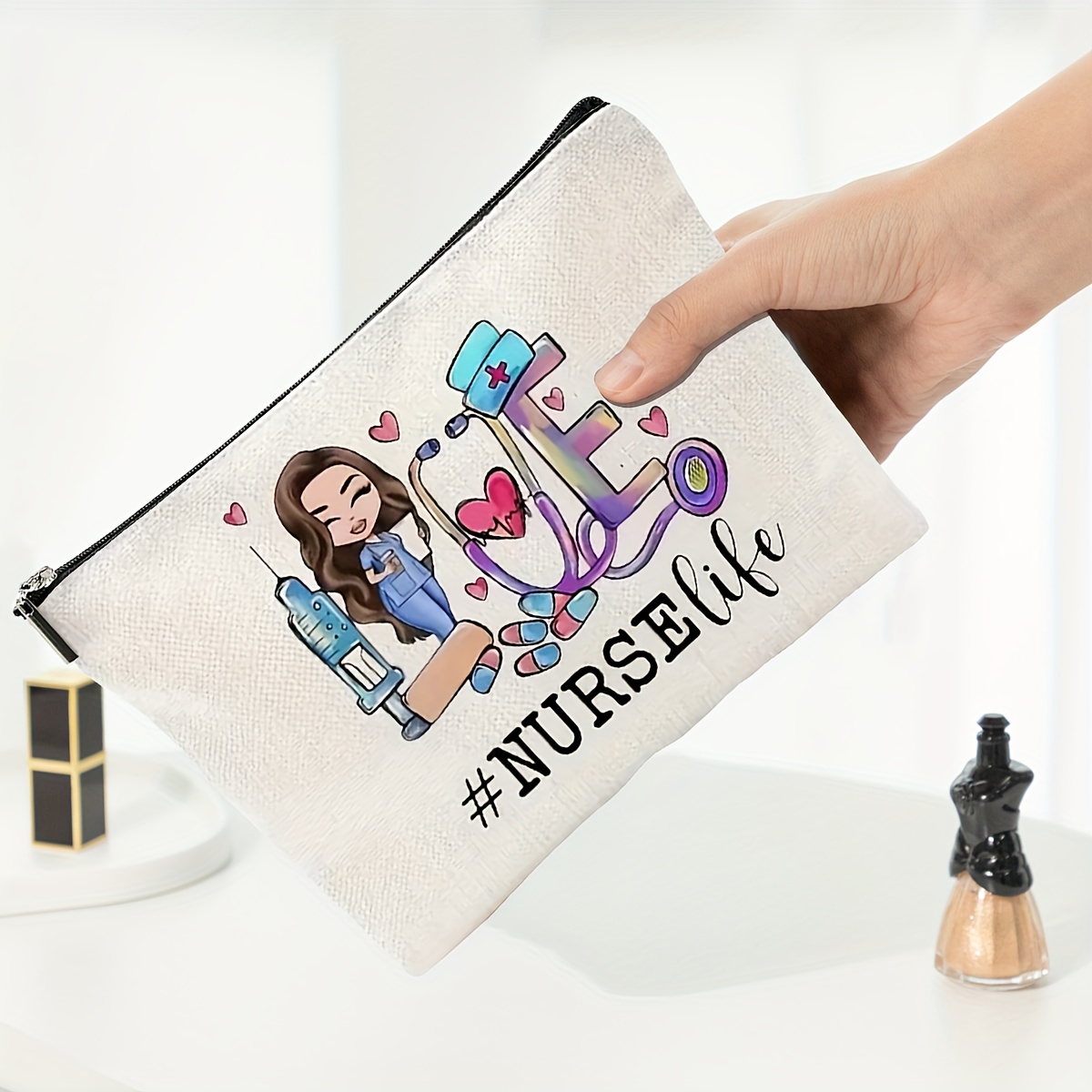 

Polyester Nurse Theme Cosmetic Pouch - Cartoon Print Makeup Bag With Zipper, Unisex-adult Organizer, Ideal Gift For Nurse Appreciation, Graduation, Holidays - Unscented,