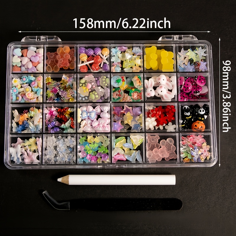 New 24 Grid500pcs Mixed Nail Accessories 3d Dopamine Colored Bow Phone Case Accessories Material Nail Accessories