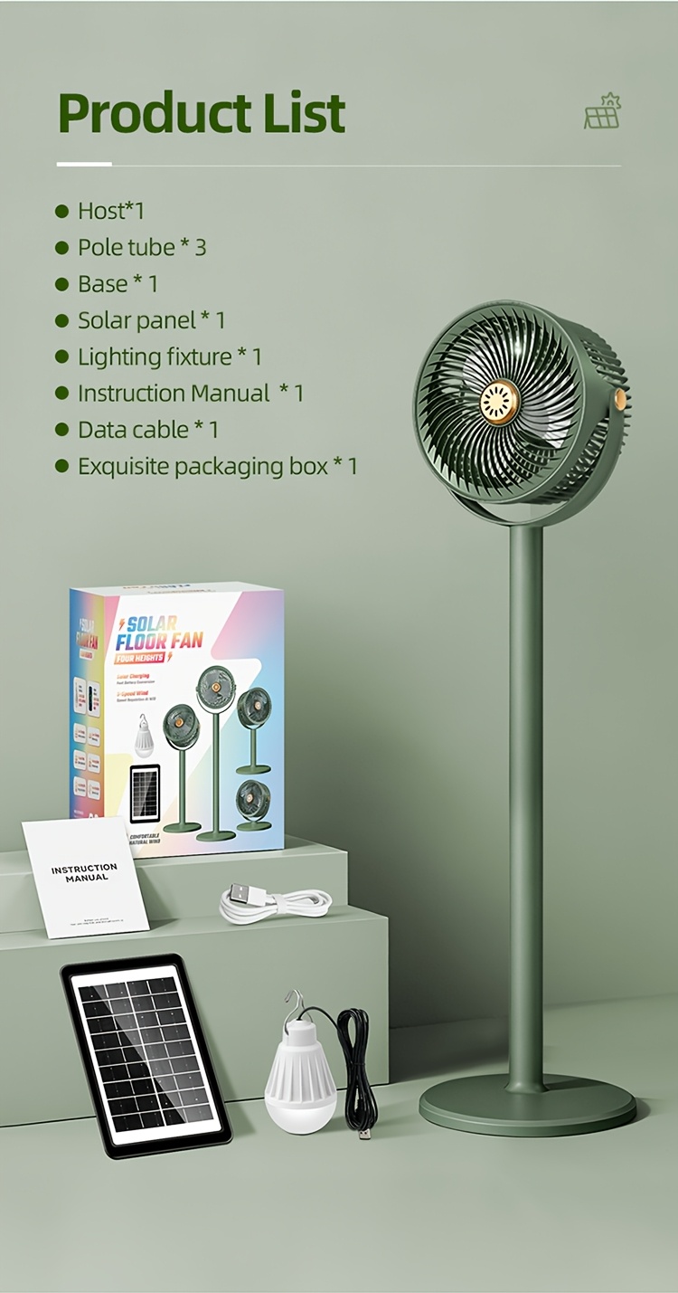 A Easy Outdoor Solar-Powered Floor Fan with a Circulating Function, Featuring Four Height Adjustment Modes, a Type-C Quick Charging Version, a Five-Speed Desktop Fan, a Retractable Electric Floor Fan, an Ultra-Long-Lasting Outdoor Cooling Device