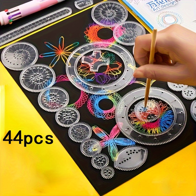 

44pcs & Geometry Ruler Set With Templates, Plastic Drawing Stencils For Diy Crafts And Sketching - Includes Pens & Paper