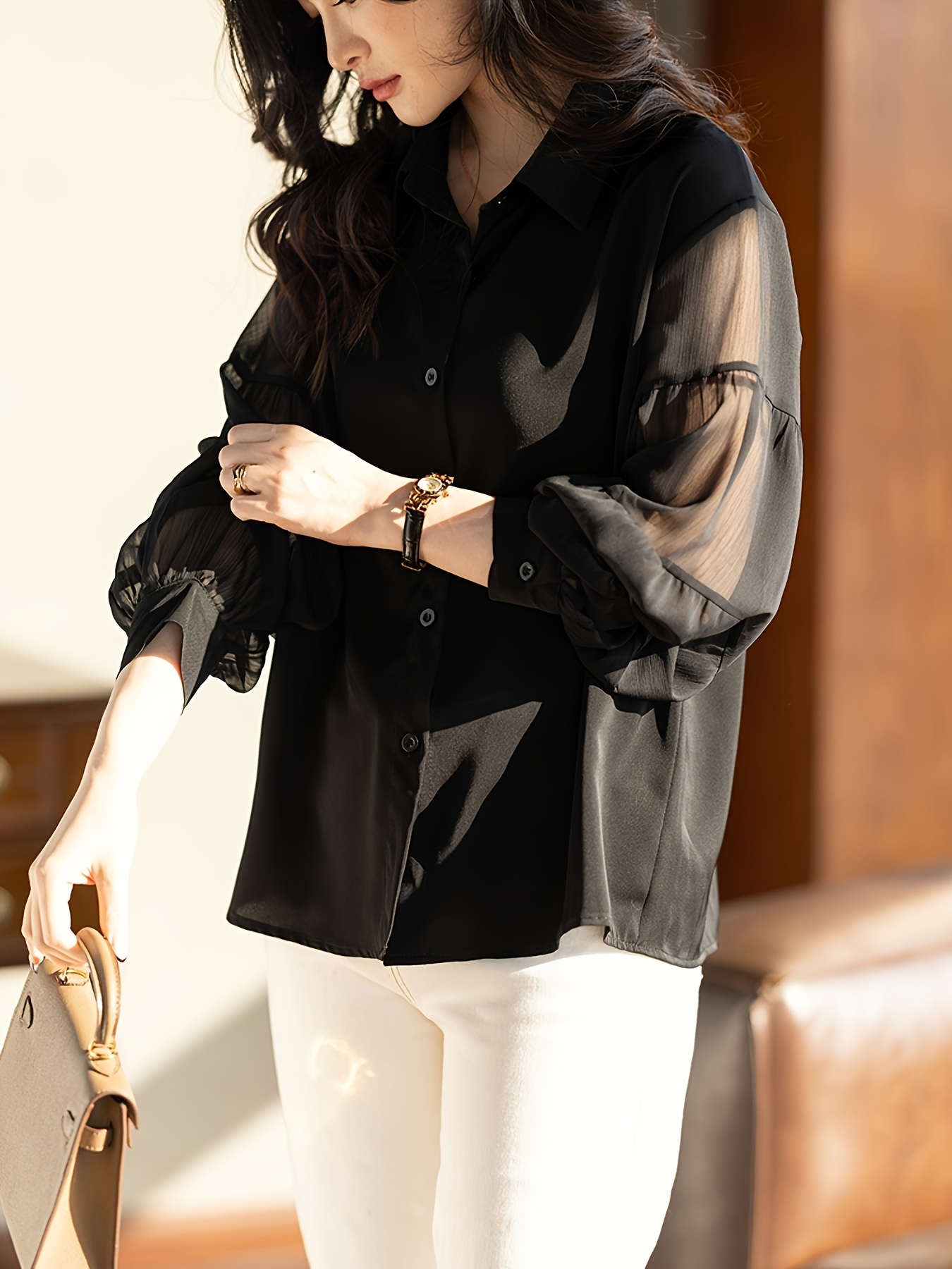 french style black long sleeve chiffon shirt women new Temu
