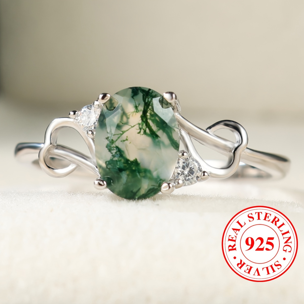 

925 Sterling Silver Ring Inlaid Moss Agate High Quality Engagement/ Wedding Ring For Brides Grain Of Stone May Differ From 1 Another ( The Box Is Different From That In The Picture ) 1.9g/0.07oz