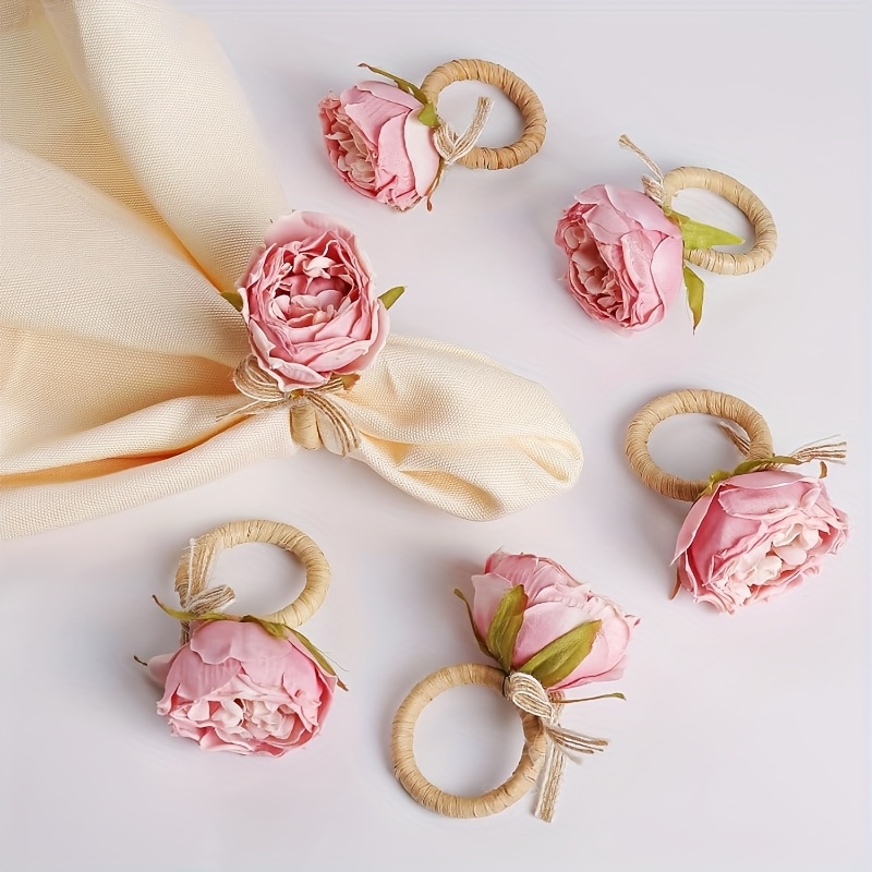 Image of 6pcs Set Elegant Pink Peony Napkin Rings | Handmade With Burlap And Twine, Ideal For Weddings, Lunches, Picnics, Banquets, Birthdays, Christmas, Valentine's Day, Thanksgiving Table Decorations