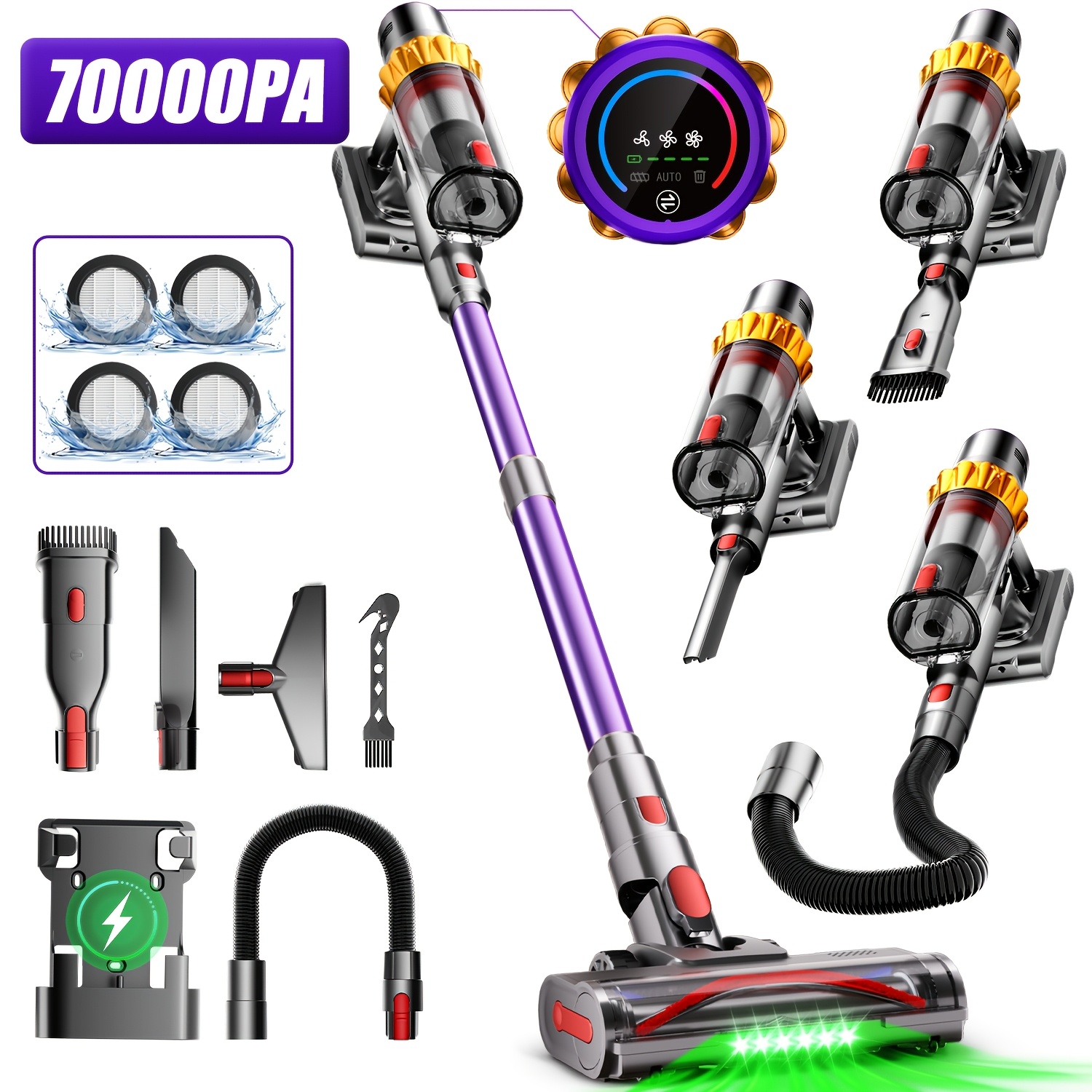 Image of Airchros Vacuum Cleaner, 70000pa Vacuum With New Led Screen, 70 Minutes , Vacuum Cleaner With 3x Hepa Filters, Suitable For Cleaning Computers, Vacuum Cleaner For Pet Hair, Carpet, Christmas-halloween
