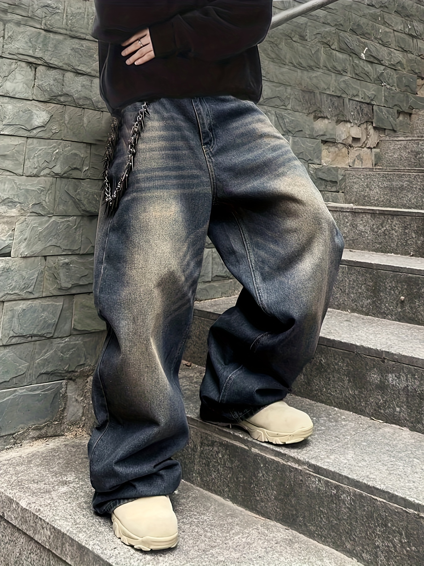 mens vintage wide leg jeans extra long floor length denim pants with beltless waist loose fit   street style washed casual pants for fall winter     non stretch