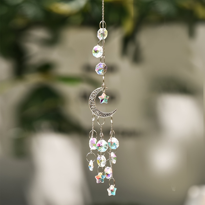 Image of 1pc Of Crystal Wind Chime With Moon And Stars, Hanging Crystal Decoration For Sun Catchers In Garden Decor