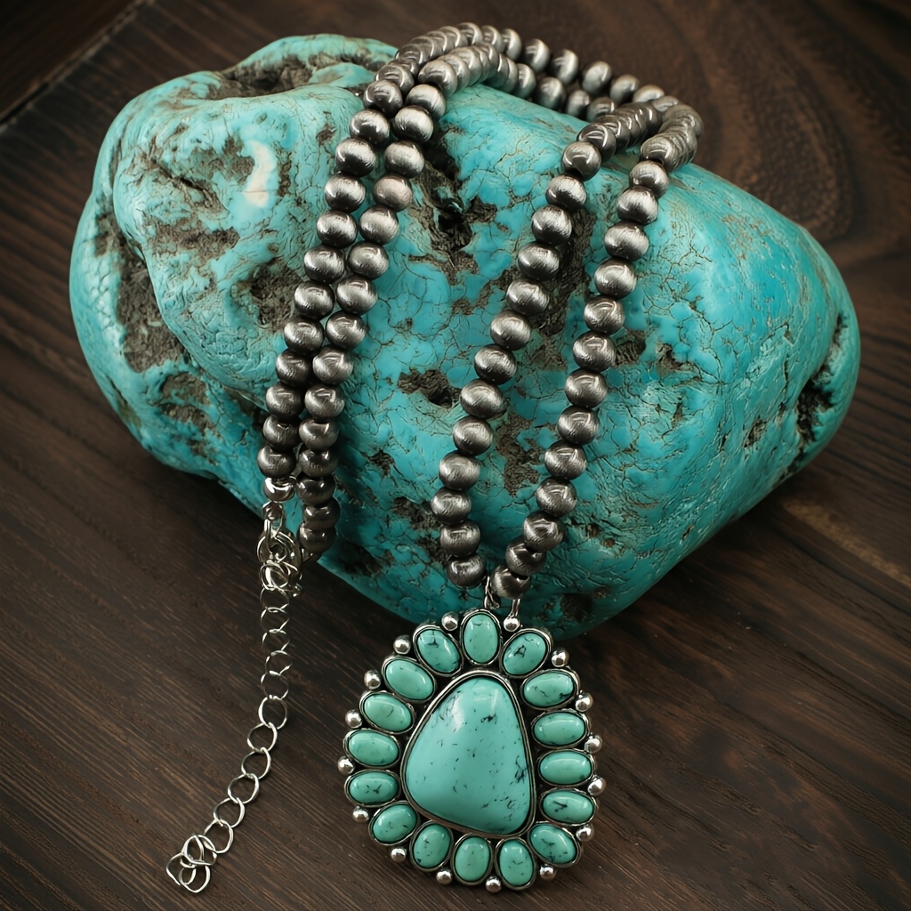 TEMU 1pc Women's Bohemian Vintage Beaded Necklace With Synthetic Turquoise Beads & Distressed Western Pendant - Suitable For Daily Wear, Southwestern