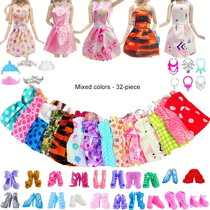 32pcs Character Girl Doll Set, Random Style (10pcs Clothes And 10 Pairs Of Shoes And 6pcs Crowns And 6pcs Necklaces) To Enhance Doll's Wardrobe Taste, Free Matching And Dressing