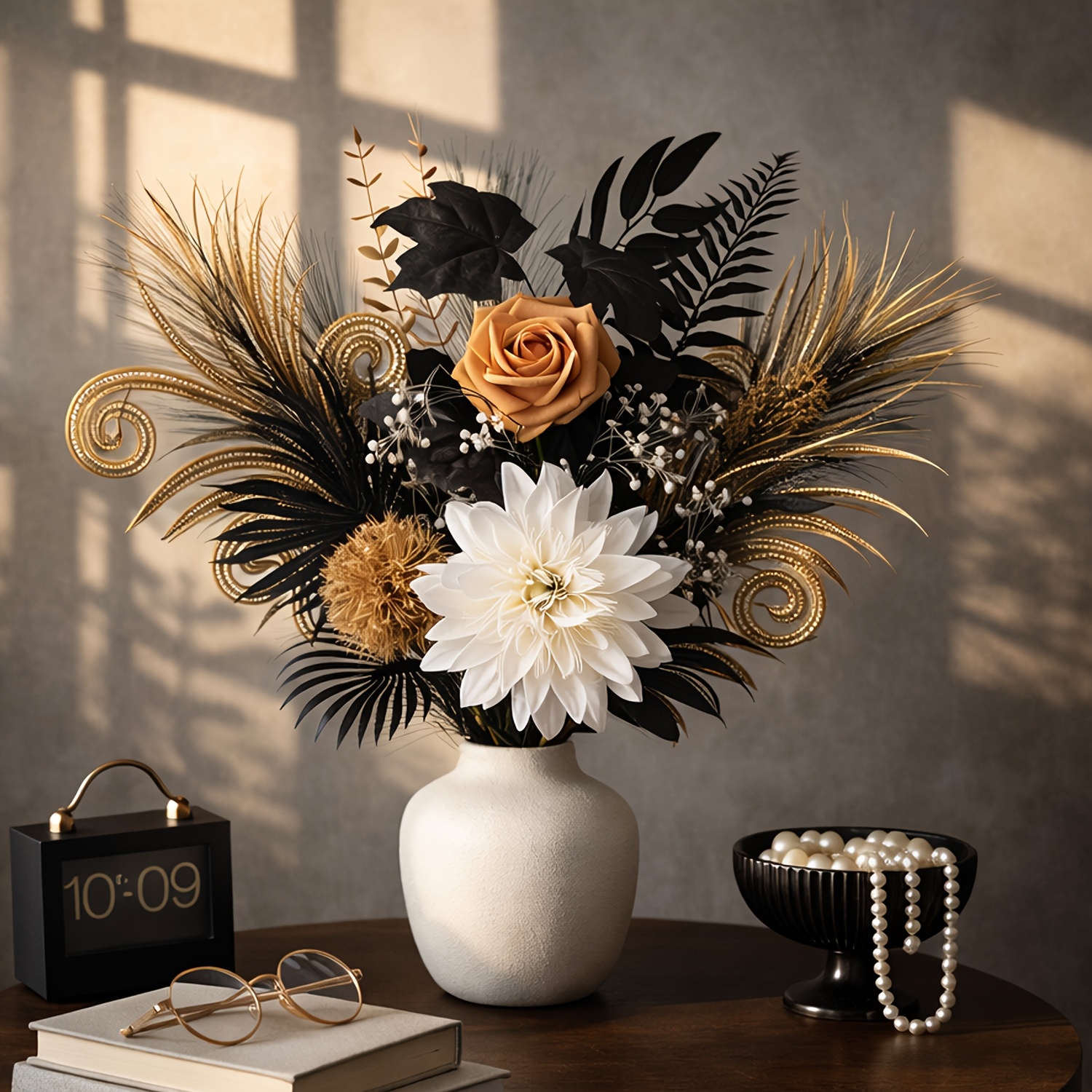 Image of 1 Bouquet Of " Prologue" Artificial Flower Decoration, Including Of Warm-core Flowers, Snow-petal Flowers, Pom-pom Flowers, Grass, Line Grass, Night Feather Leaves, Leaves, And