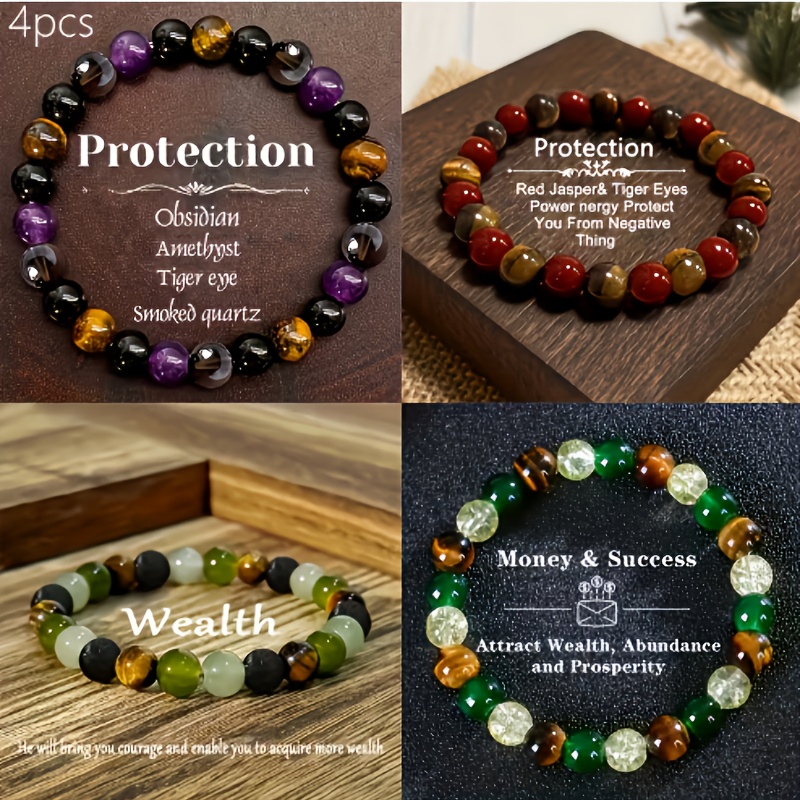 E-shop Set mit 4 Damen-Naturstein-Schutzarmbändern - Mit Amethyst, Obsidian- und Rauchquarzperlen in einem elastischen Band, entworfen in Schwarz und
