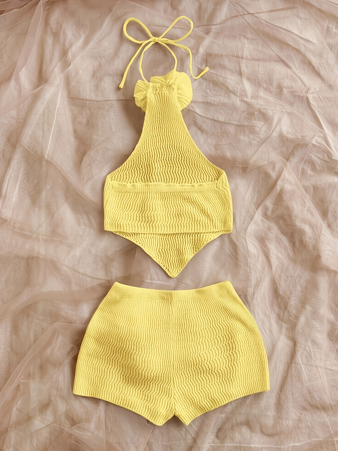 handmade 3d floral halter neck vest with   scarf   backless belly band   short shorts     fabric two piece set summer   Product details 6