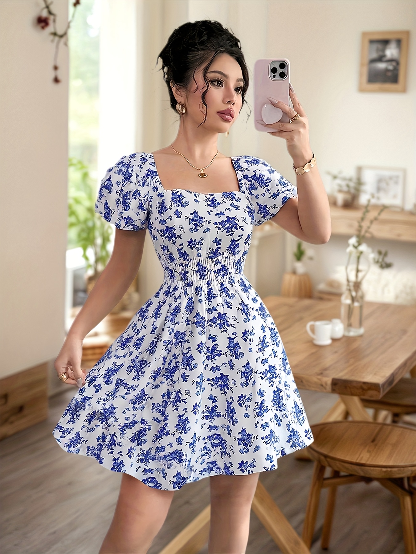 sachin and babi light blue dress Casual Floral Dress With V Neck And Short Sleeve, Polyester Fabric, Perfect  For Holiday Wear main image 1