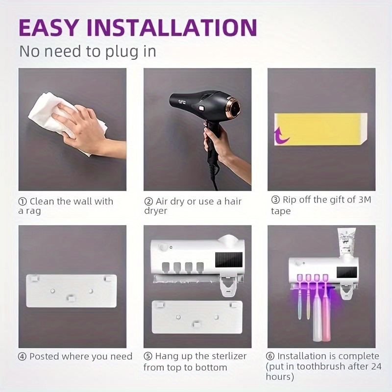 1pc toothbrush uv wall mounted 4 slot toothbrush smart disinfection and toothpaste dispenser solar panel toothbrush wall mounted bracket smart disinfection bathroom accessories details 4