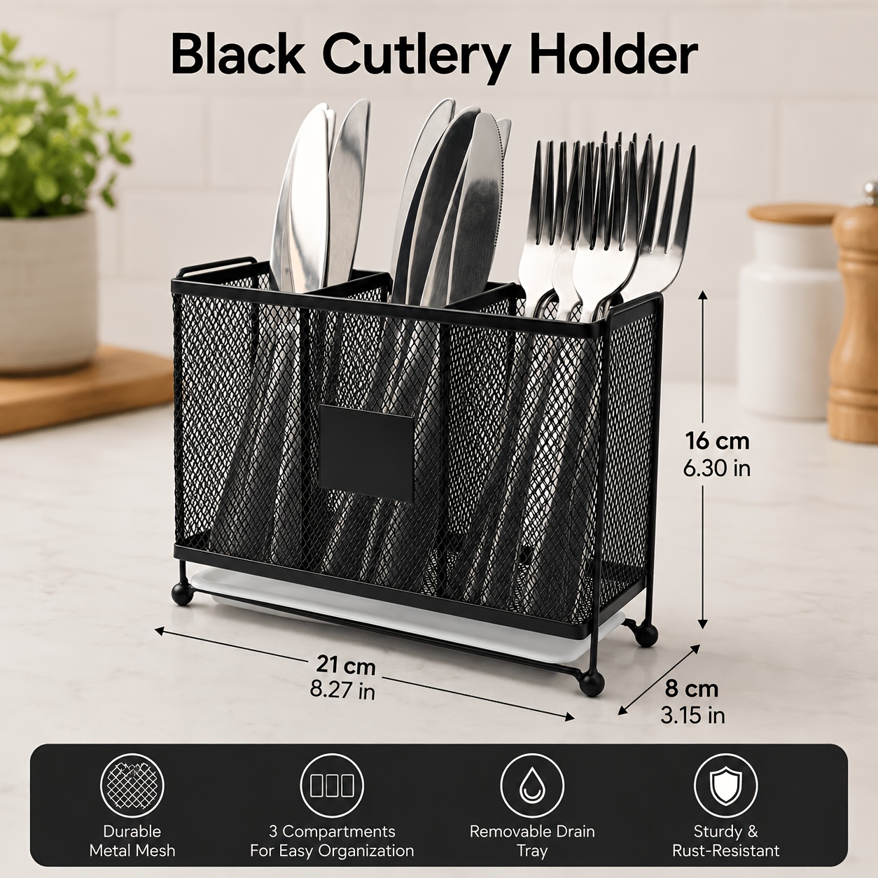 TEMU Large Capacity Mesh Cutlery Holder With Drainage Tray, 3 Slots Table Silverware Organizer, Rustproof Flatware Caddy For Kitchen Countertop