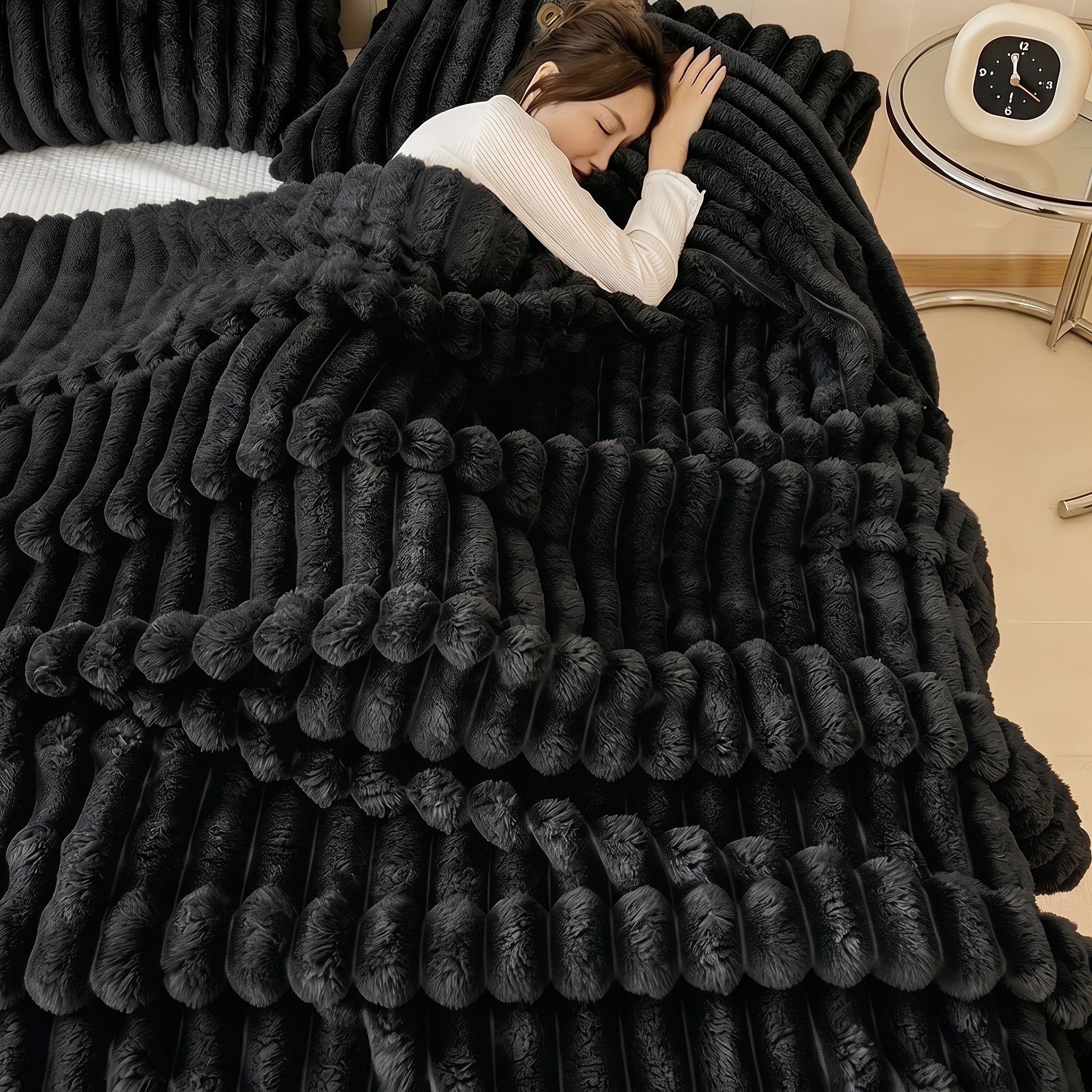 TEMU 1pc Soft Flannel Fleece Blanket, Solid Color Striped Faux Fur Plush Throw | Machine Washable, Suitable For | Bed, Sofa, Car, Camping, Etc