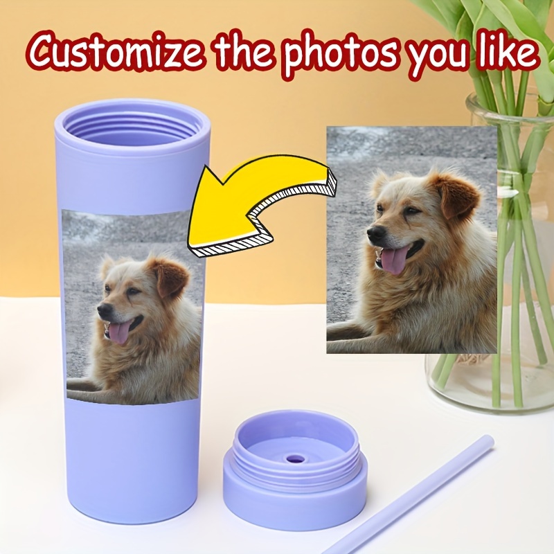 

1pc Customizable Photo Double-wall Glass Water Bottle With Straw And Lid, Solid Color, Insulated Travel Drinkware, Home & Kitchen Accessory