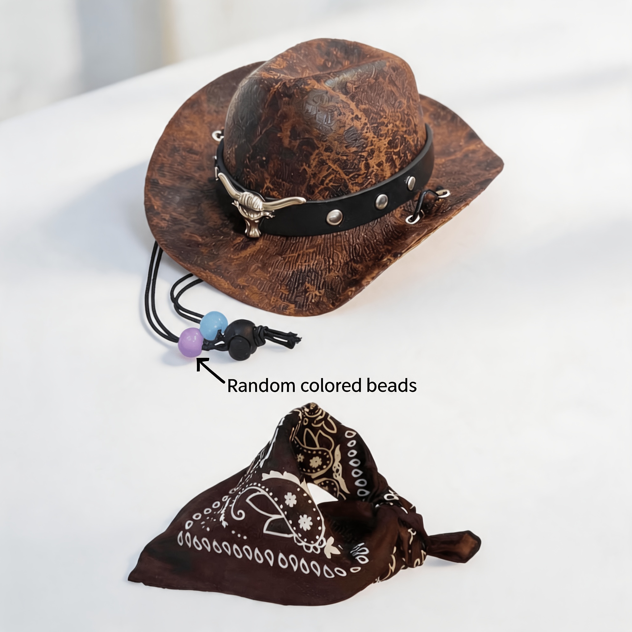 TEMU Halloween Christmas Western Cowboy Style Pet Mini Hat And Drool Bib 2pcs Set, Vintage Distressed Star Hat And , Cat And Costume Apparel