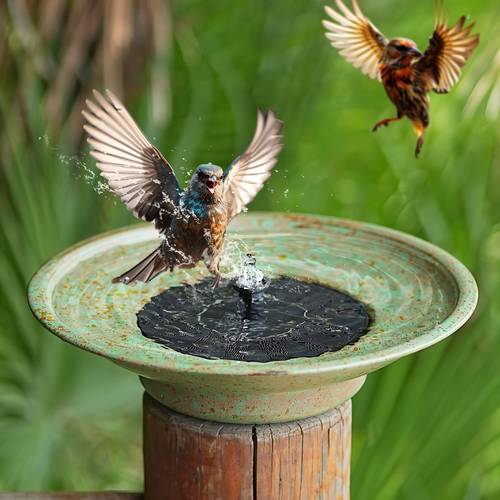 solar powered metal bird bath fountain with rustic green outdoor garden and patio decor no electricity needed attracts hummingbirds and